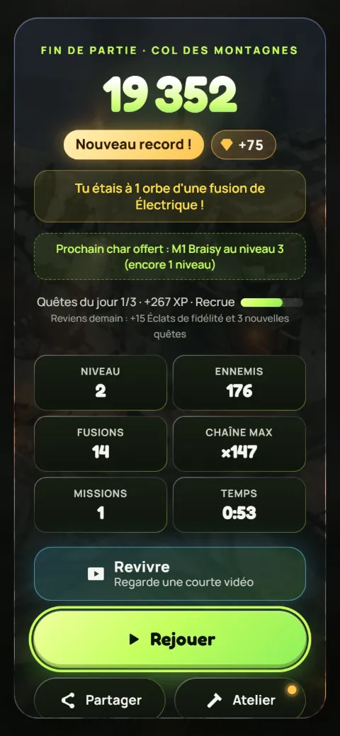 Sur mobile : l’écran de fin de partie avec le score, les Éclats gagnés et le prochain objectif